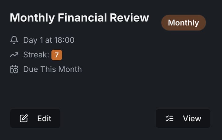 Monthly Financial Review - Track monthly progress and streaks