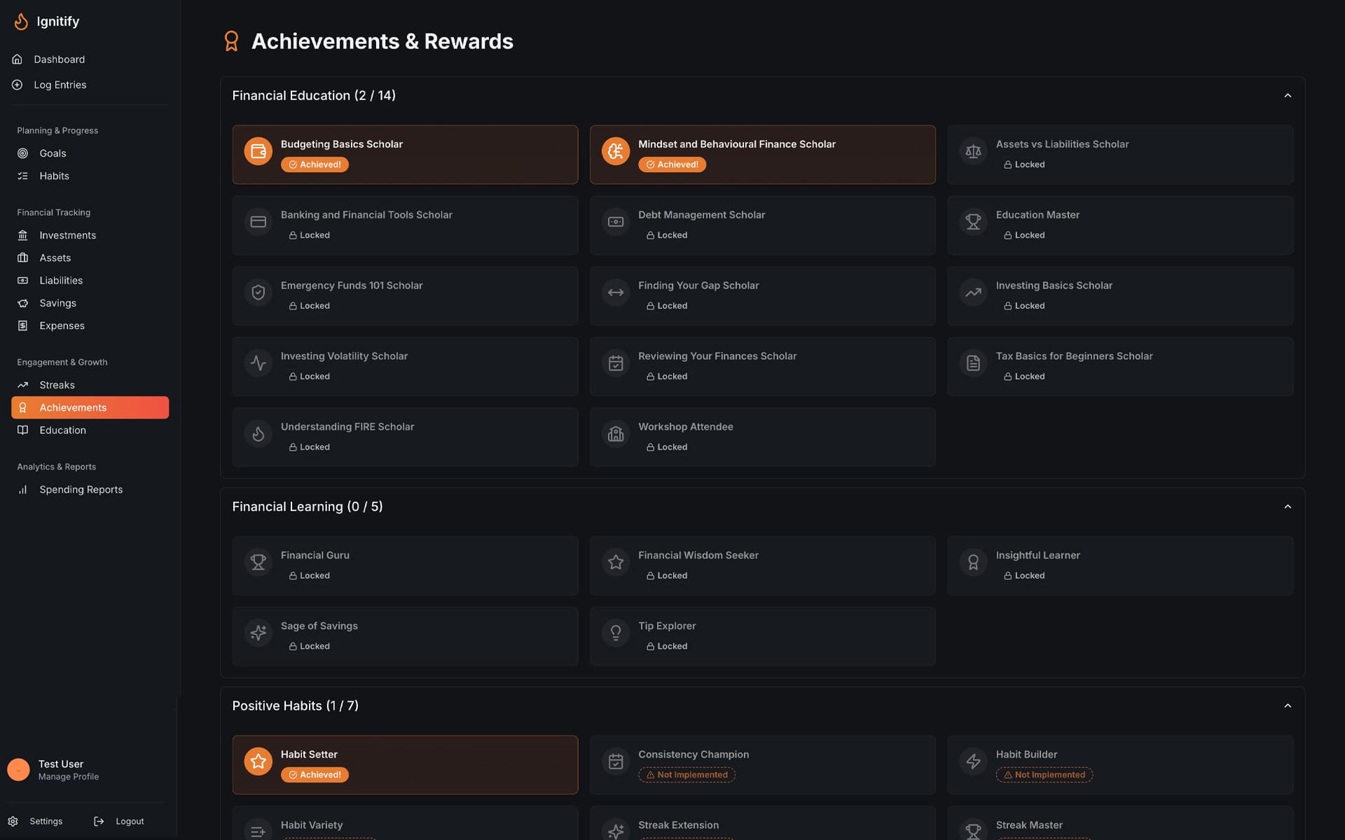 Ignitify app showing learning achievements and progress tracking