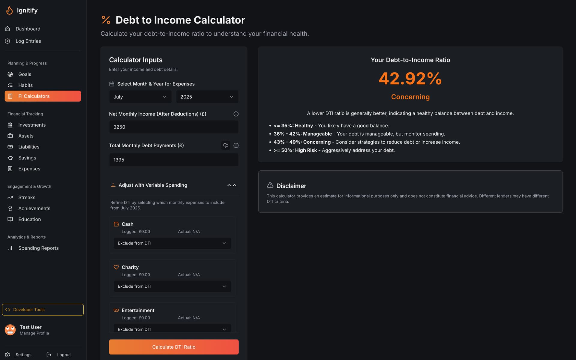 Ignitify Debt to Income Calculator showcasing stylish visual progress.