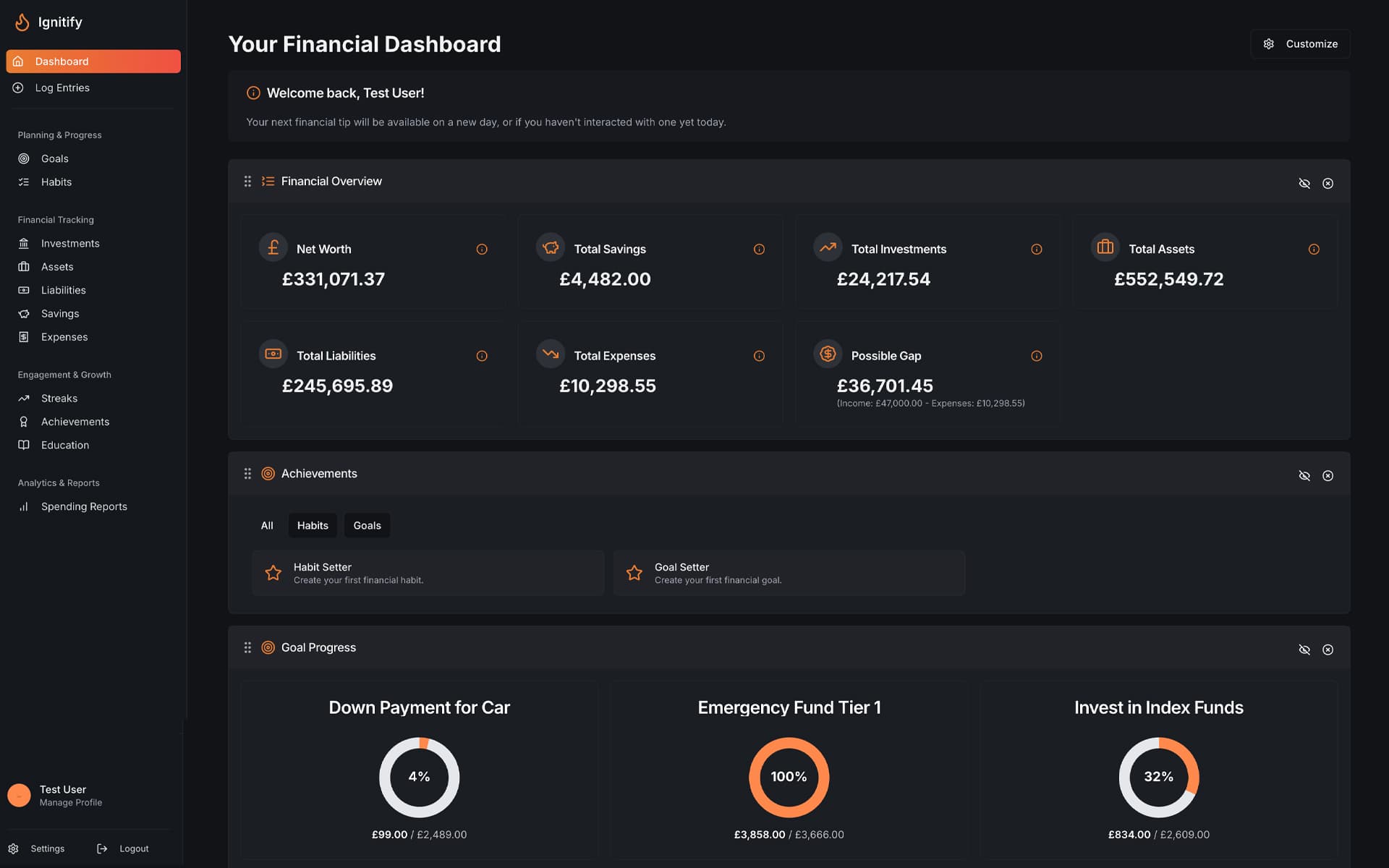 Ignitify App - Main Dashboard View