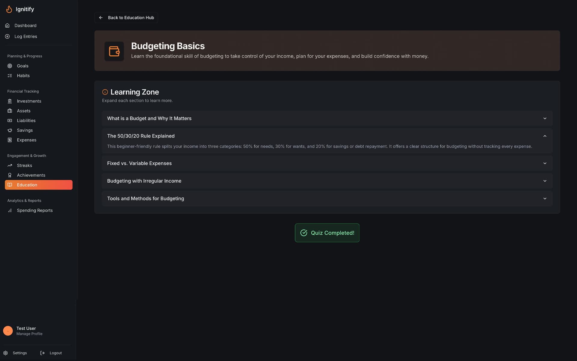 Example of a gamified quiz within the Ignitify app