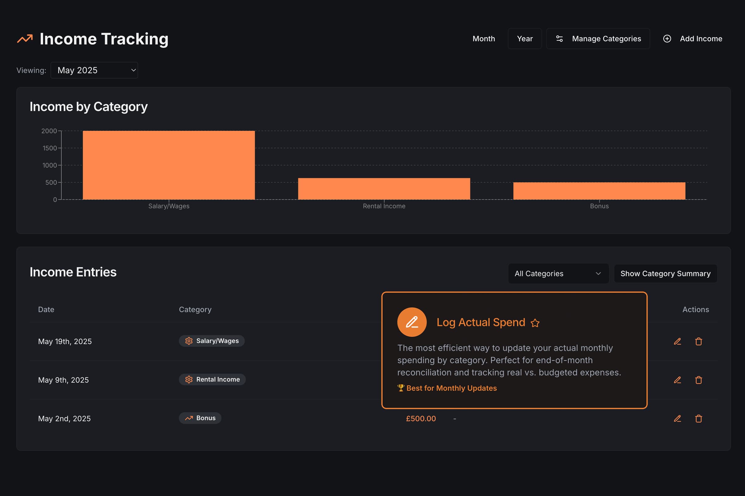 Income Stream Management - Track multiple income sources and growth