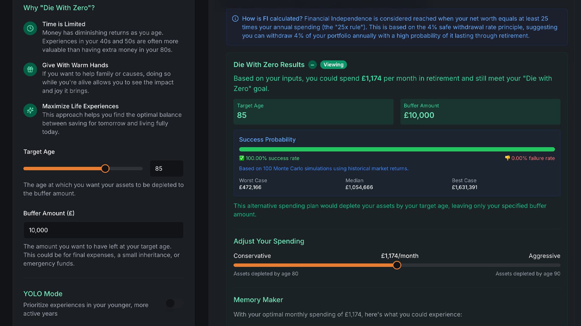 Ignitify FI Planner Die With Zero Simulation