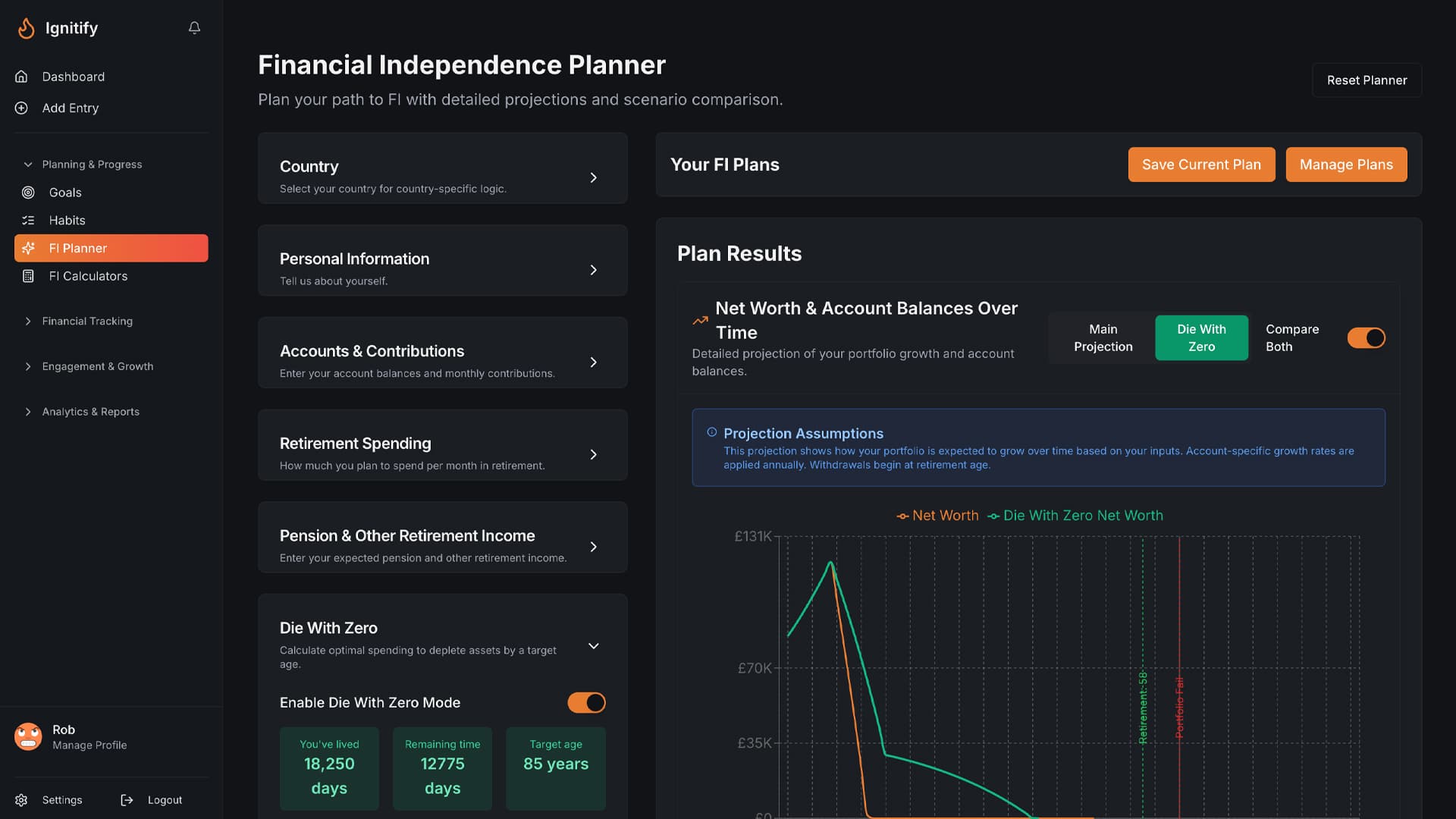 Ignitify FI Planner Main Interface