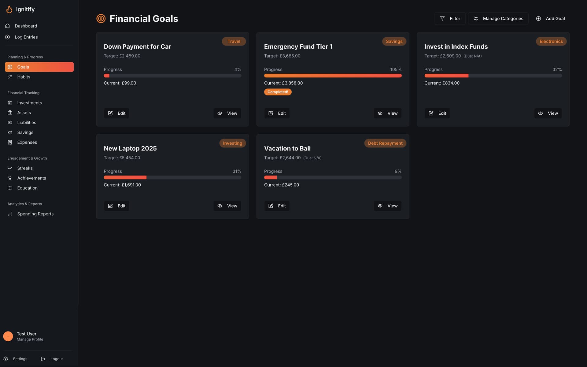 Ignitify App - Comprehensive Goal Setting Interface
