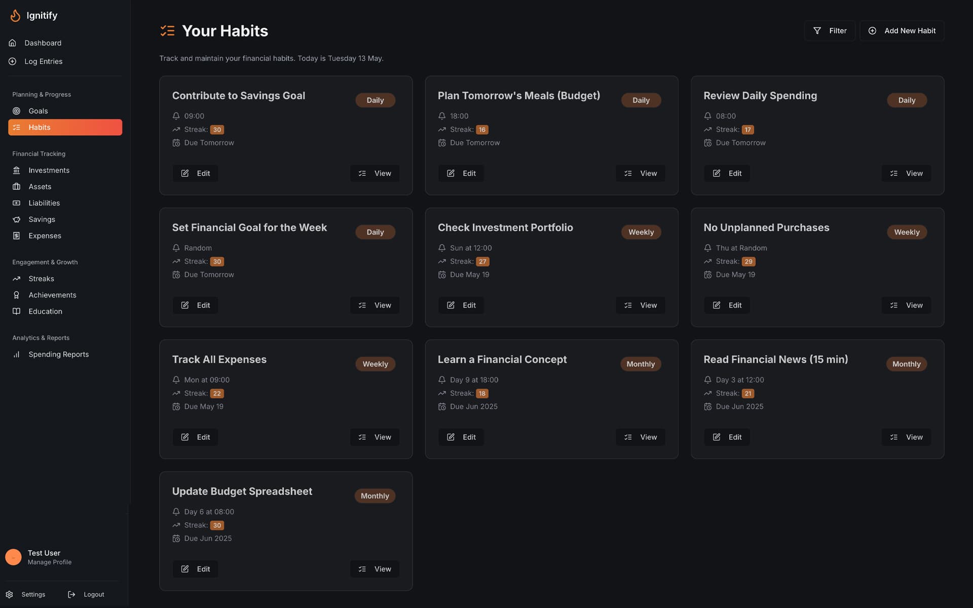 Ignitify App - Gamified Habit Tracking Feature