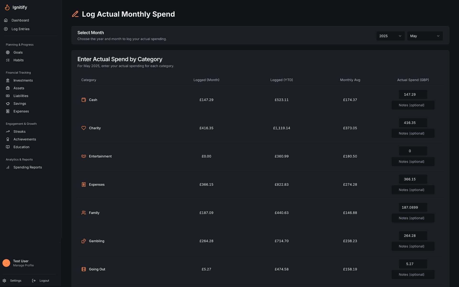 Ignitify App - Log Monthly Spend Modal