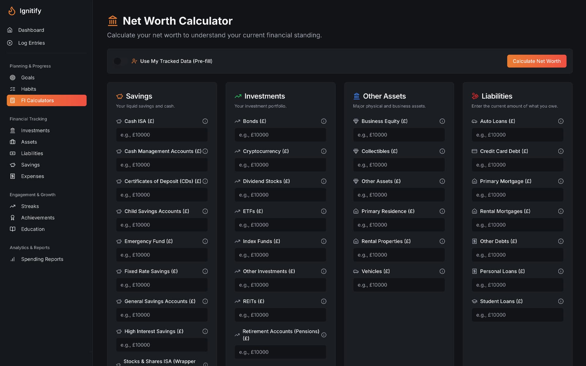 Ignitify Net Worth Calculator Dashboard View