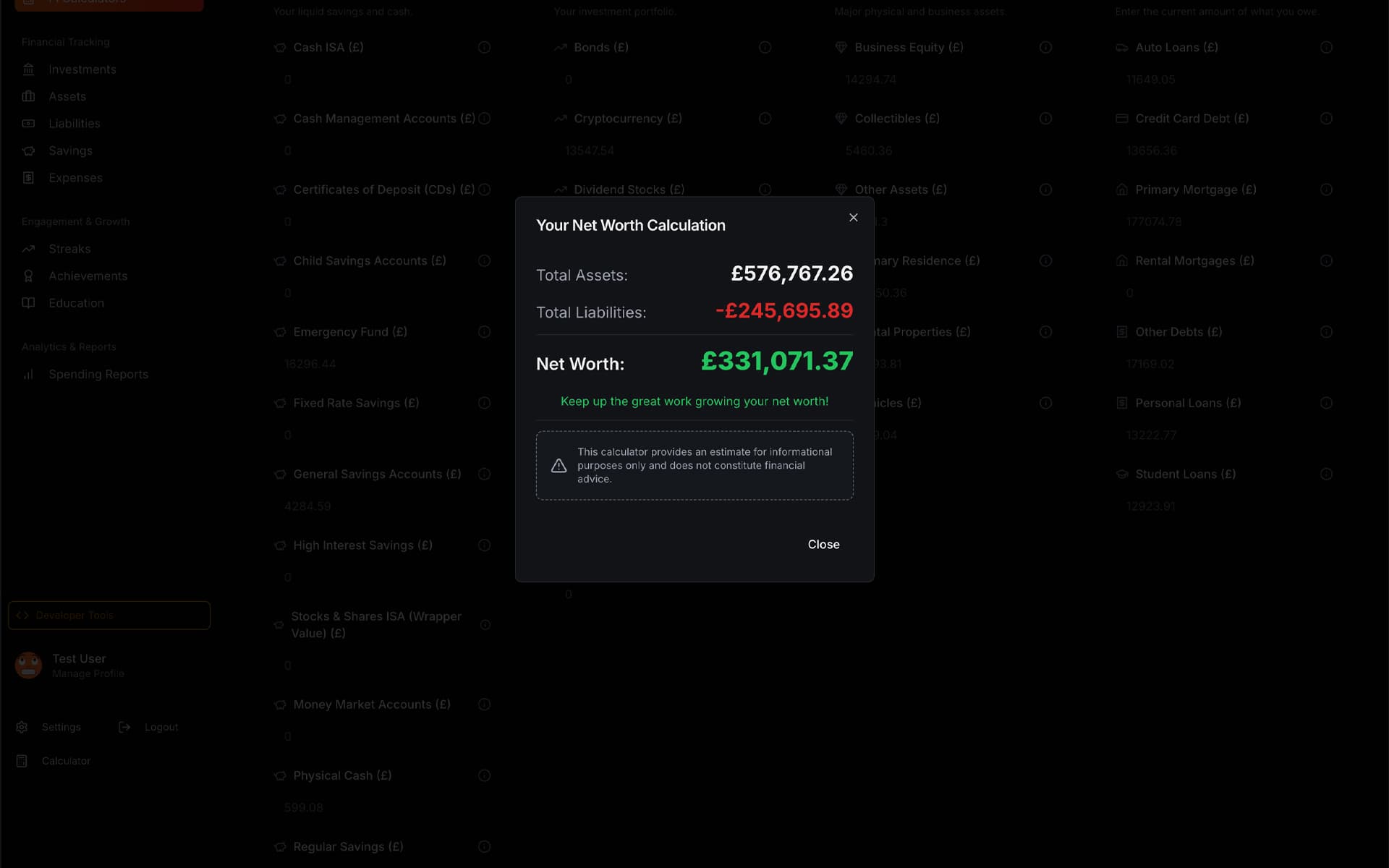 Ignitify Net Worth Calculator Main View